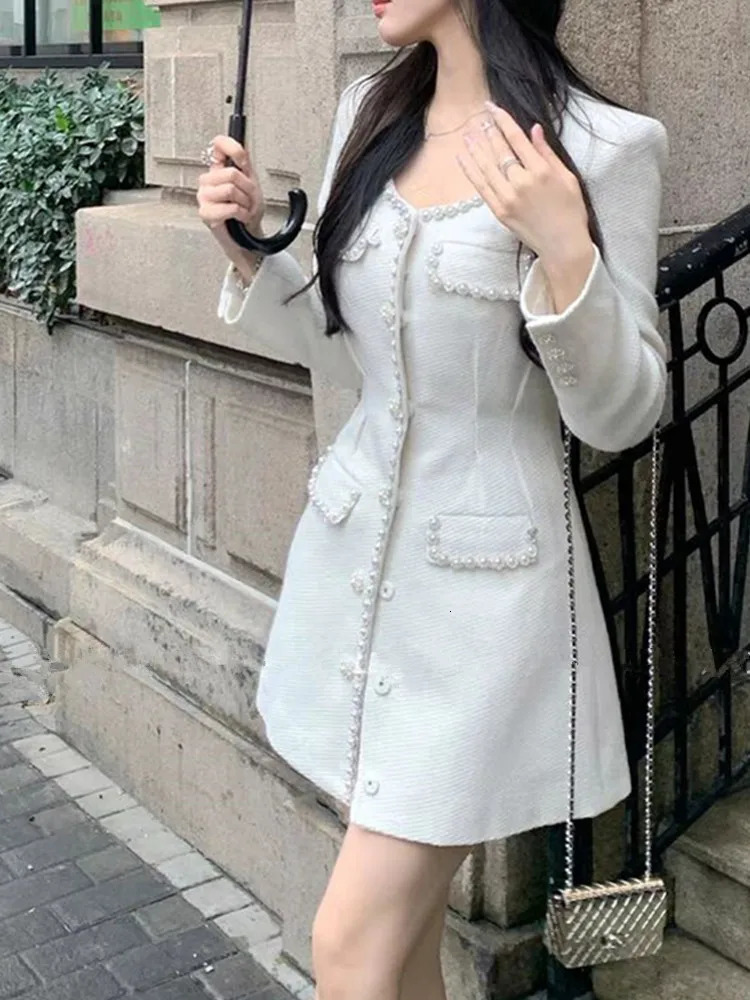 HMA Autumn Winter Temperament Celebrity Small Fragrant Wind Tweed Dress Womens White Pearl Diamond Woolen Dress Vestidos 240529