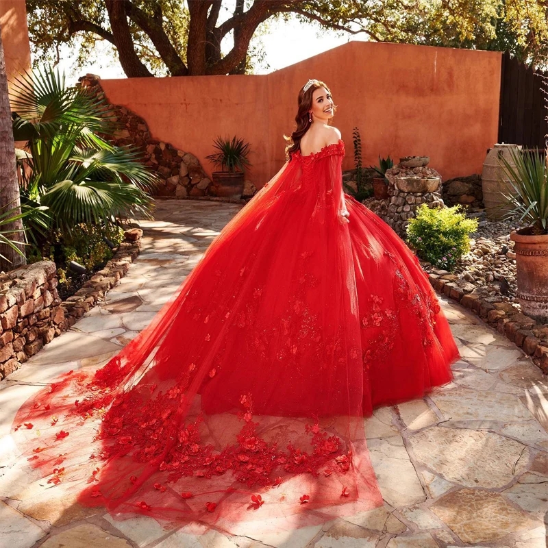 Red Princess Quinceanera Dresses De 15 Anos 3D wer With Cape Birthday Dress Long Ball Vestidos Elegantes Para Mujer