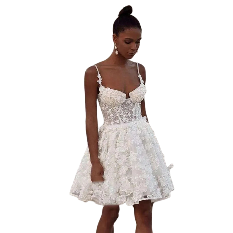 Floral Lace Short A-Line Wedding Dresses Sexy Spaghetti Straps Back Corset Boho Beach Bridal Gowns 2024 Summer Garden Mini Ivory White Robe De Mariee