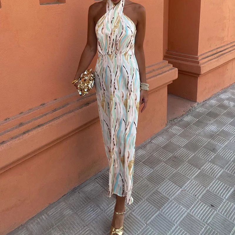 Sexy Ladies Halter Hollow Print Long Dress Summer Off Shoulder High Waist Party Dress Casual Bohemian Backless Beach Dresses 240529