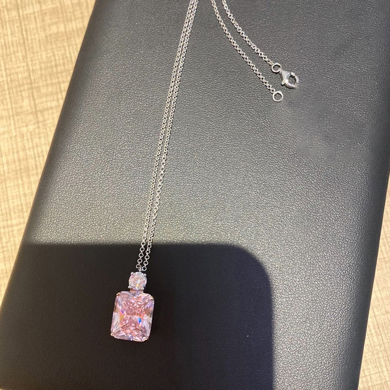 Sterg Sier Chain Pendant Necklace Women, Pink Square Dia Designer Jewelry with Cubic Zirconia Crystals Heart Cross Drop Charm, Gift for Her 4