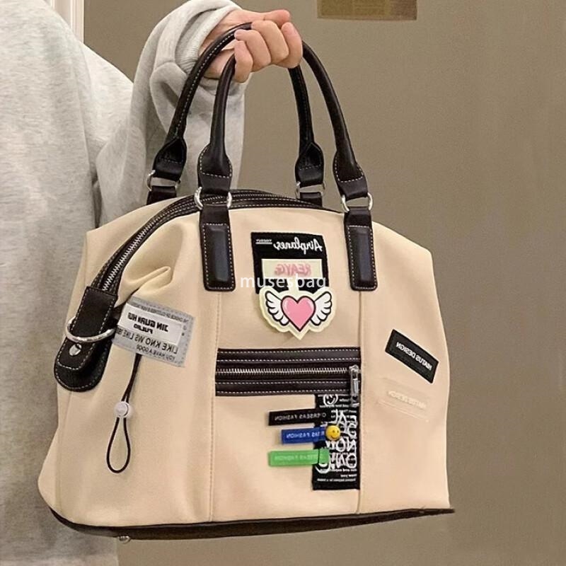 Women's and men's large capacity zippered PU canvas handbag, adjustable shoulder strap, travel shopping bag, student retro casual large capa