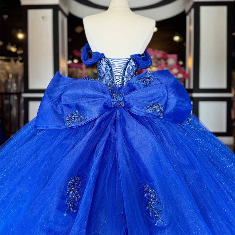 Blue Quinceanera Dresses Lace Beads Bow Tull Tiered Off The Shoulder Girls Birthday Party Prom Gowns Princess 16 Vestidos De 15 Anos