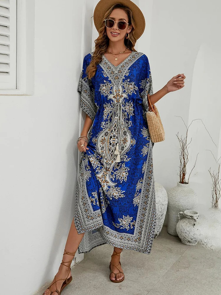 Bohemian V-neck Short Sleeve Beach Smock Dress Women Summer Loose Casual Sunscreen Print Boho Long Dresses For Women 240529