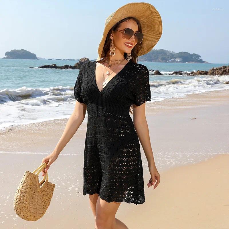 Womens Swimwear 2024 Style Deep V-Neck Beach Skirt Ripple Cut-Out Dress Stretch Waist Cover-up