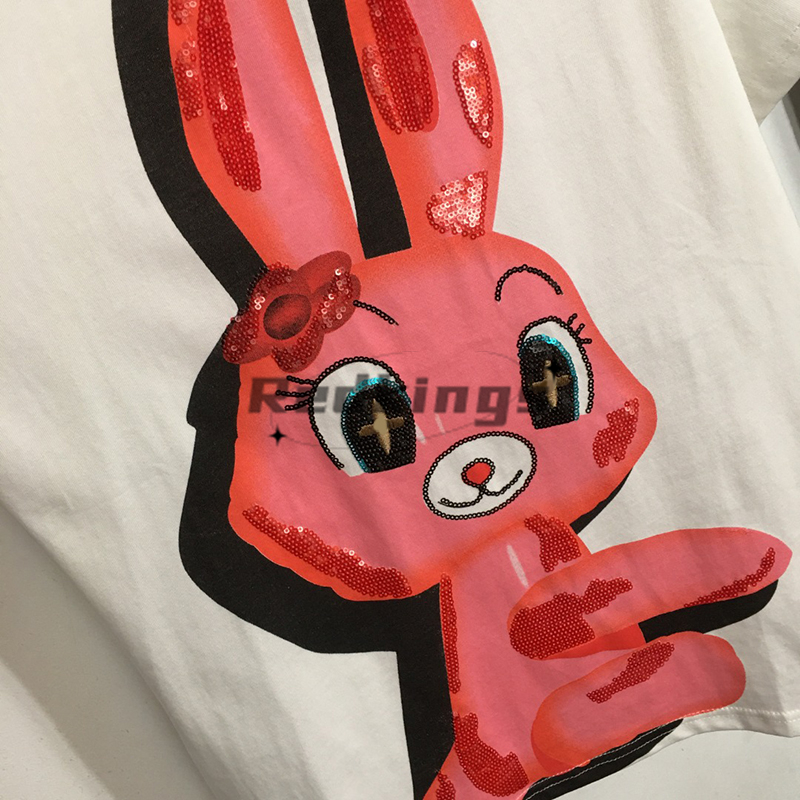 Rabbit Embroidery T Shirt Sequin Design Tees Women Lovely Charm Tops Luxury Cotton Shirts Personality Charm Camis Clothing
