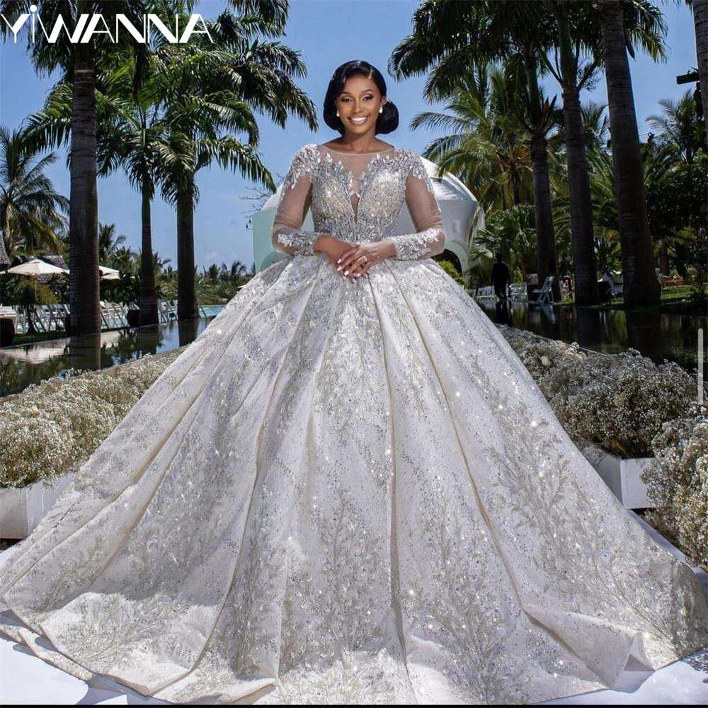 Modest O-neck Long Sleeve Bridal Dress Sparkly Sequins Beads Wedding African Ball Gown Bride Robe Vestido De Novia