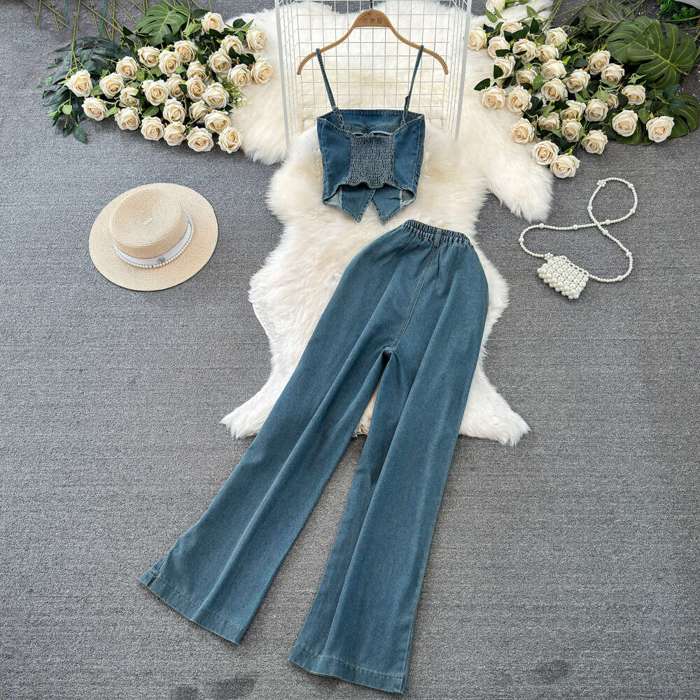 Fashionable set for women with a design feel strapless denim suspender vest two-piece set high waist medium length buttocks wrapped skirt summer skirt