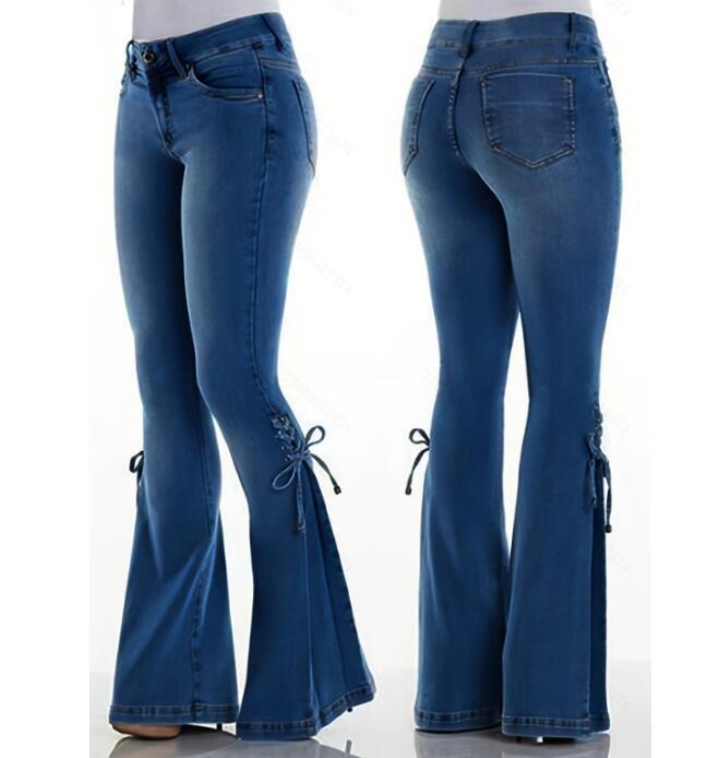 Lace Up Mid-Waist Stretch Jeans For Women Xs-3Xl | Flared Pants In 3 Colors