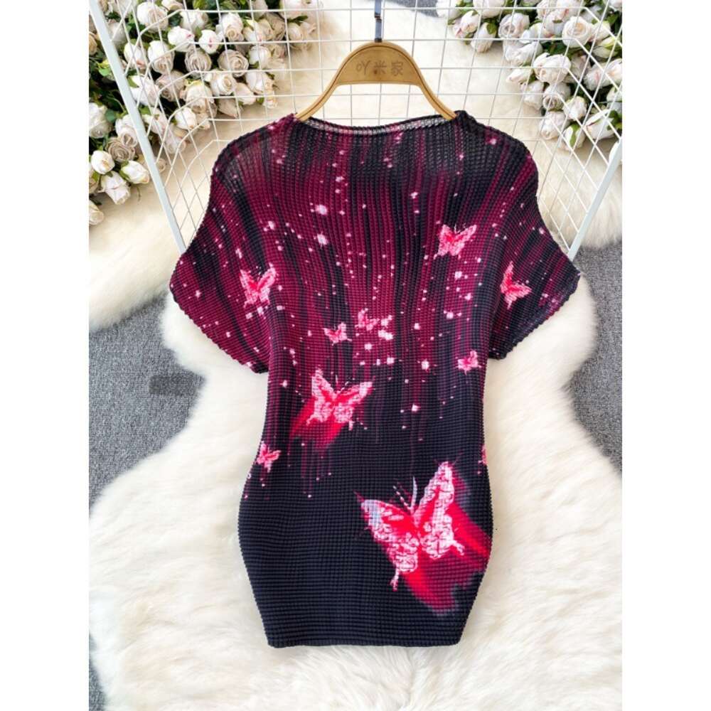 Fashionable suit for women light and mature style three houses wrinkled short sleeved stand up collar slim fit printed top two-piece set of high waist