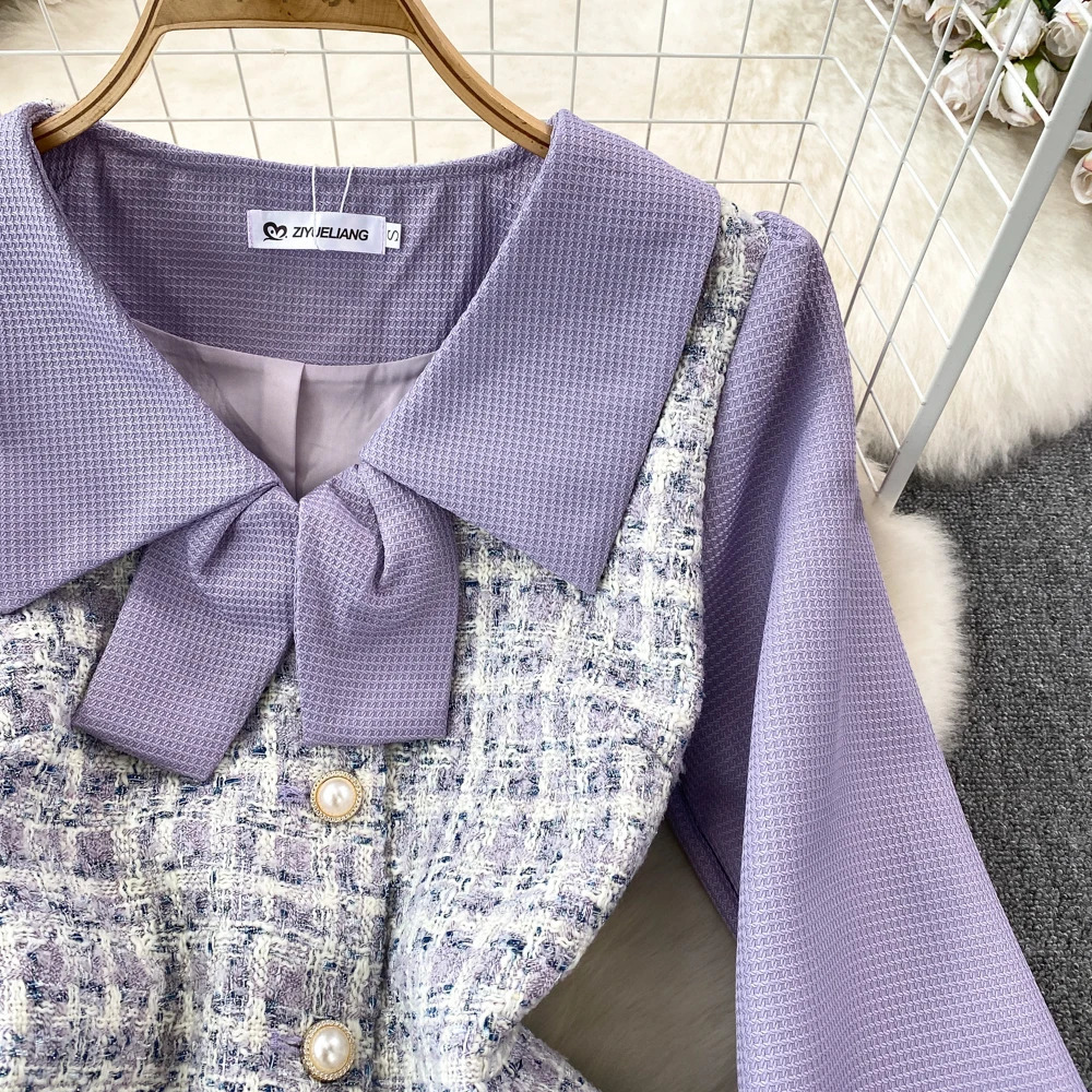 False Two Pieces Dresses for Women Peter Pan Collar Plaid Patchwork Long Sleeve Tweed Vestidos Autumn Female Dress Drop 240529