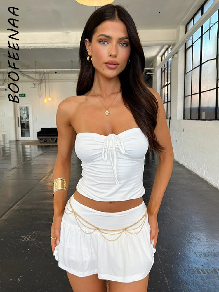 BOOFEENAA Sexy 2 Piece Set Women Summer Vacation Outfits Going Out Dress 2024 Tube Top and Mini Skirt Matching Sets C85CC20 240601