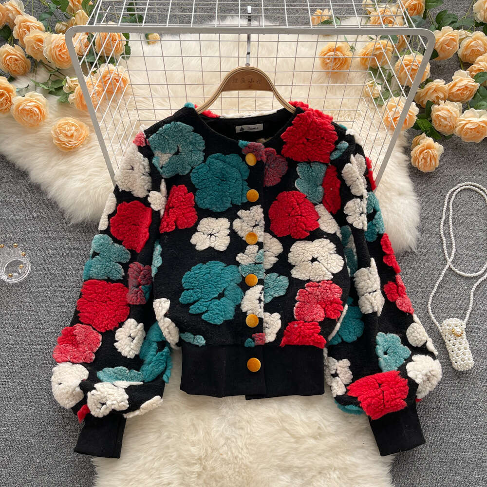 Autumn and winter 2022 new French three-dimensional flower temperament slim single breasted cardigan short coat women in fashion