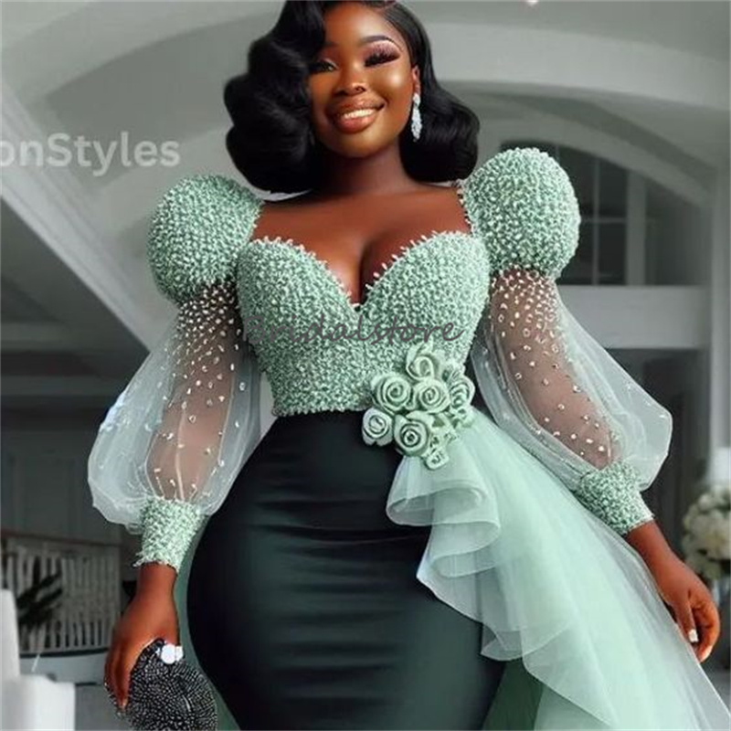 Stunning Sage Green Prom Dresses With Overskirt Train Luxury Beaded Long Sleeve Midi Black Girls Aso Ebi Evening Dress With Handmade Florals Slit Cock