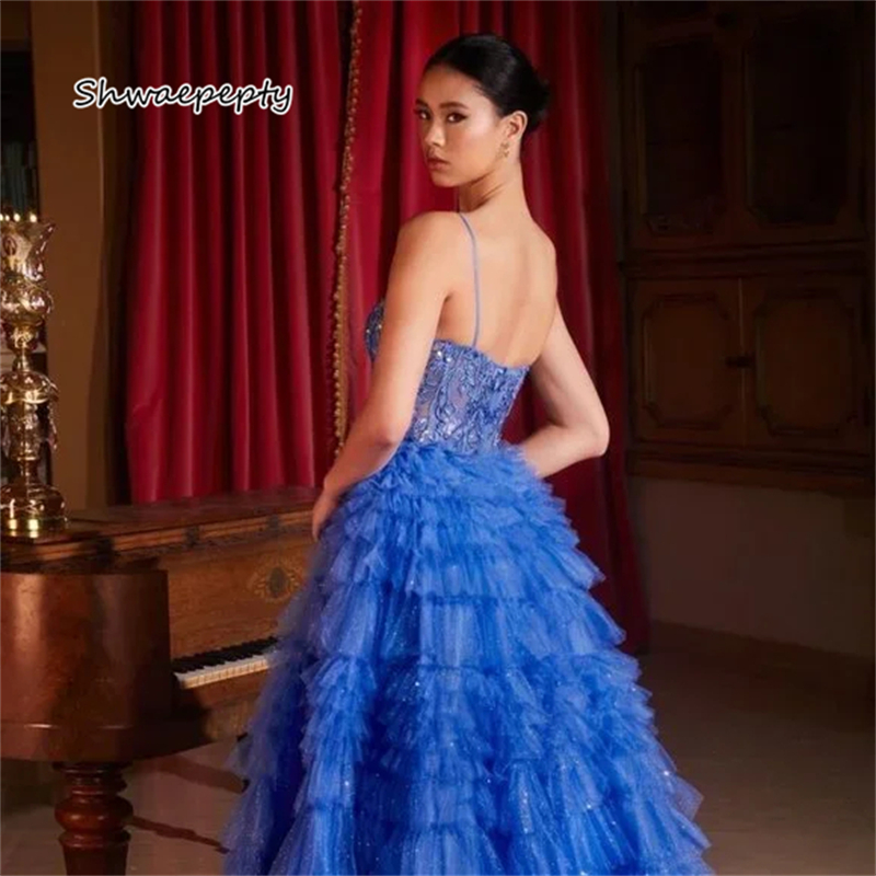 Shiny Fuchsia Tiered A-Line Evening Dresses Spaghetti Straps Long Ruffle Prom Dress For Women Lace Appliques Floor Length Sexy Special Occasion Gown V