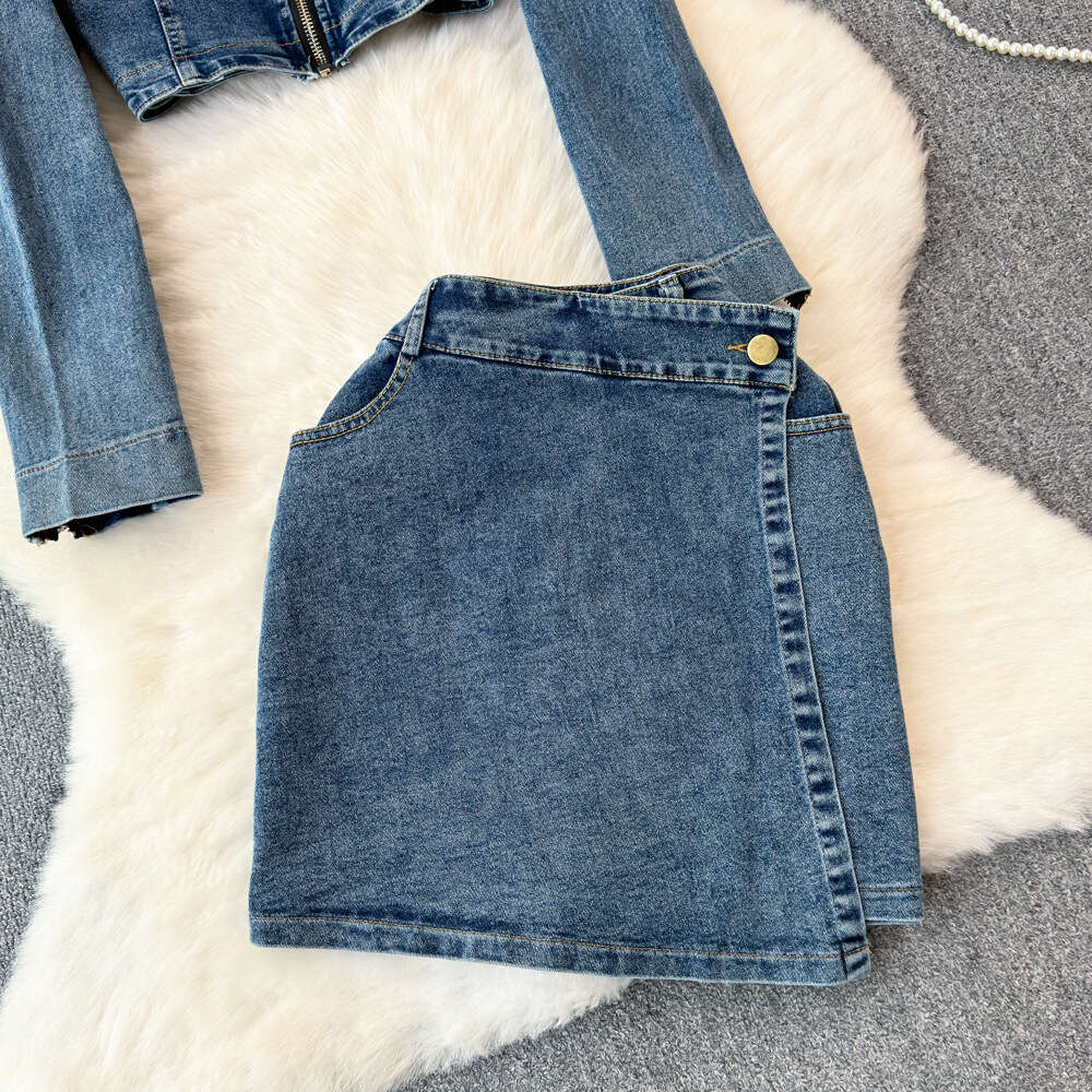 Fashion set for women American street stand up collar denim jacket jacket two-piece high waisted slimming wrap buttocks short skirt