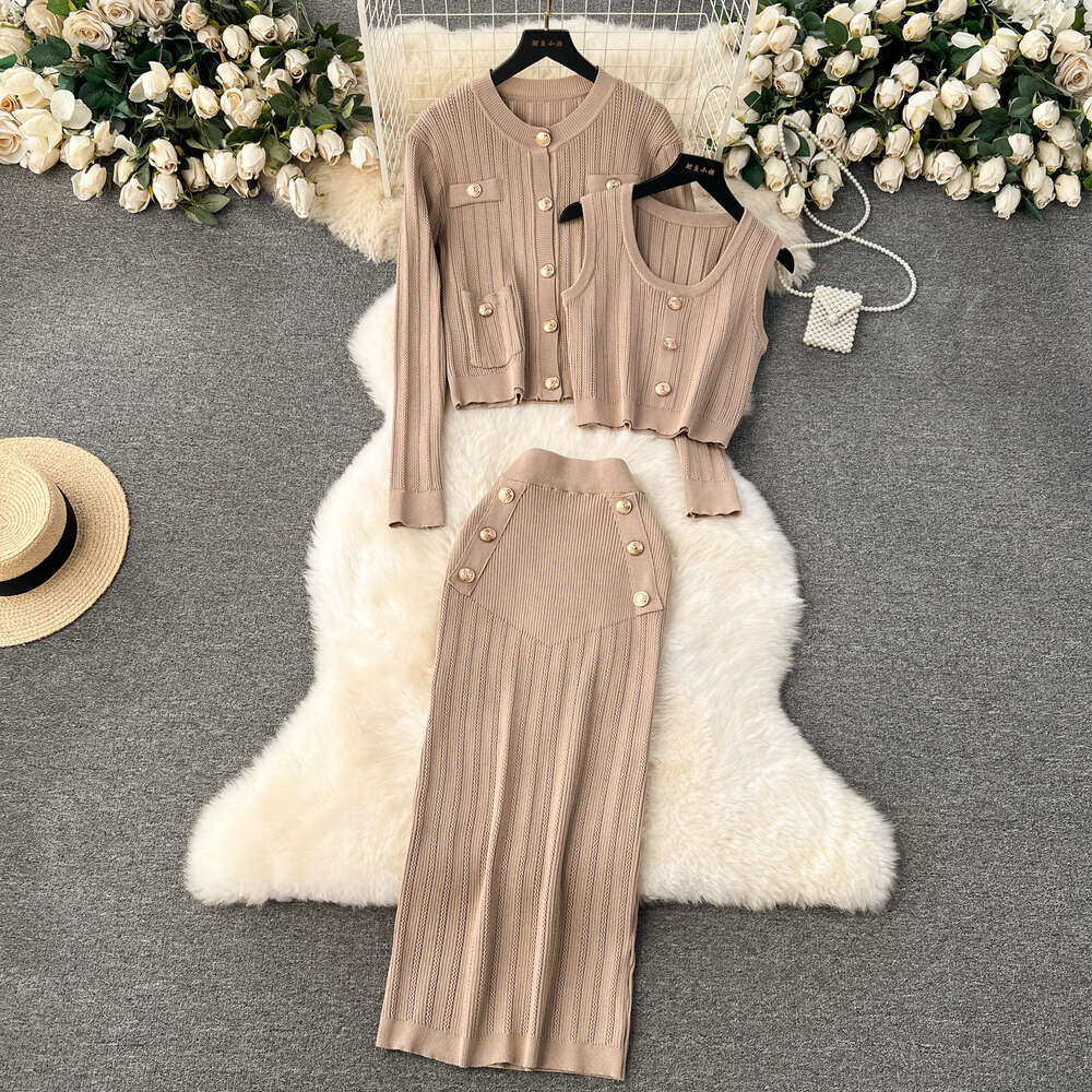 Small Fragrant Wind Set for Early Spring Wearing Short Tank Top Versatile Knitted Cardigan Double breasted Half skirt Temperament Three piece Set