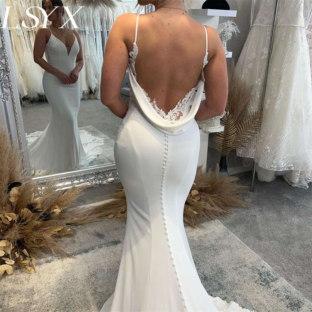 LSYX Deep V-Neck Sleeveless Crepe Mermaid White Wedding Dress 2024 Spaghetti Straps Backless Lace Bridal Gown Custom Made