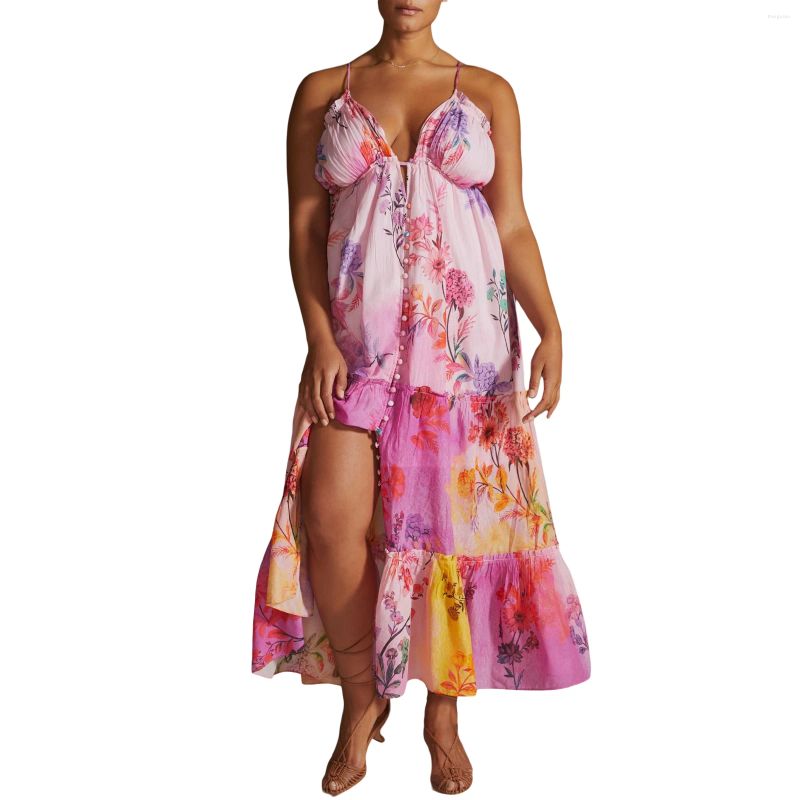 Casual Dresses Women Y2k Floral Print Spaghetti Strap Maxi Dress V Neck Sleeveless Long Boho Flowy Swing