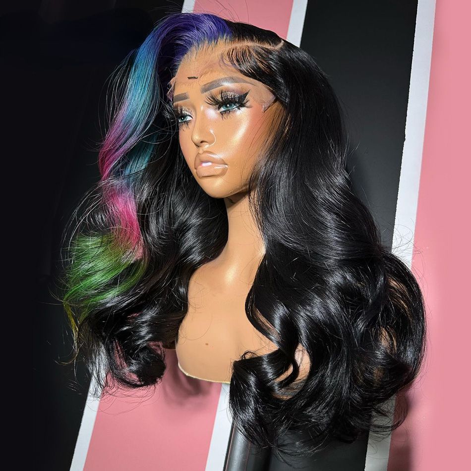 Blue Green Highlight black 13x4 Glueless Body Wave Colored Human Hair Wigs Pre Plucked HD Synthetic Lace Frontal Wigs For Black Women Uufag