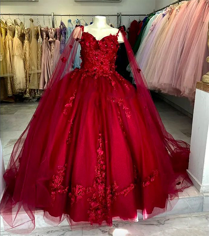 Gorgeous Wine Red Ball Gown Quinceanera Dresses 3D Floral Appliques Lace Delicate Princess Sweet 16 Dress Spaghetti Lace-Up Vestido De 15 Anos