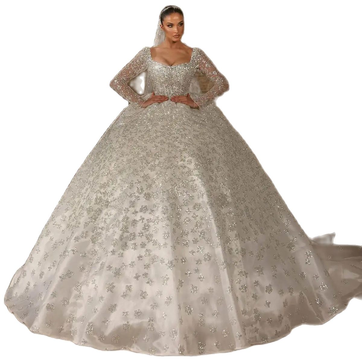 Modern Luxury Ball Gown Wedding Dresses Scoop Neck Beading Long Sleeve Pleat Ruched Satin Princess Bridal Gowns for Bride