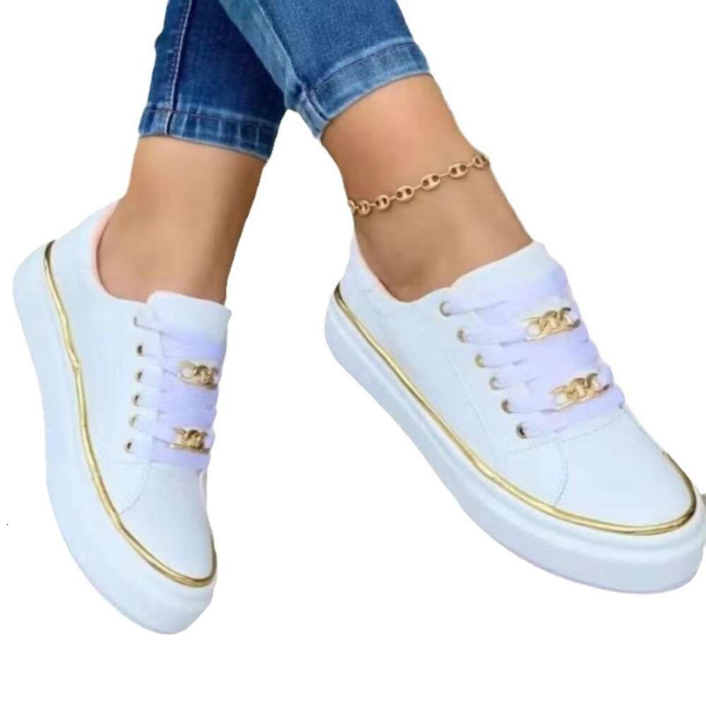 Ddmytiger Daily Ruffled Summer Ladies New Fashion Chain Leather Comfortable Round Toe Platform Sneakers Lace Up Walking Women S Vulcanized Shoes Outdo