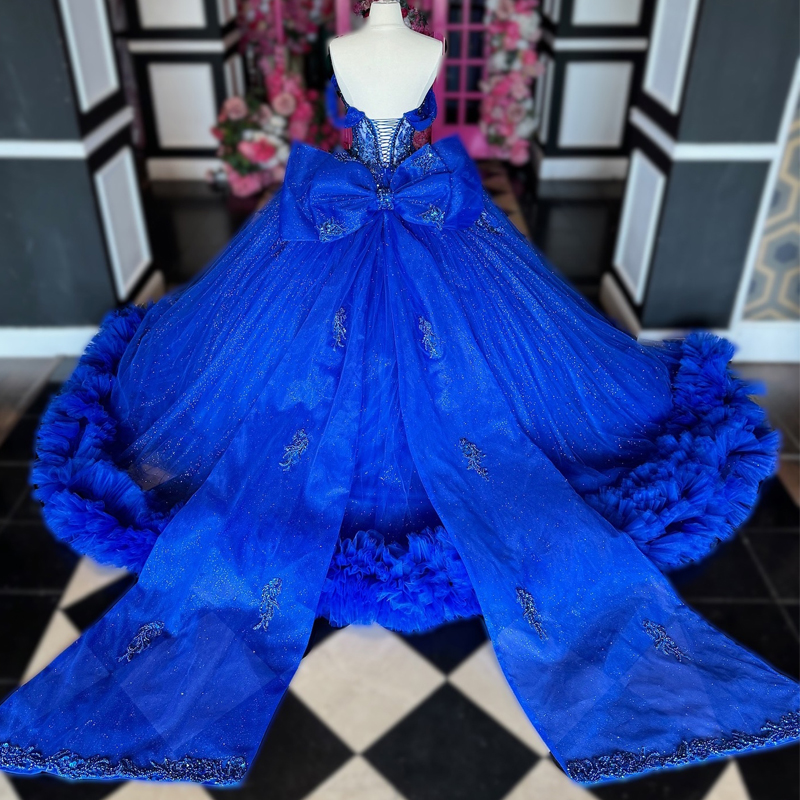 Blue Quinceanera Dresses Lace Beads Bow Tull Tiered Off The Shoulder Girls Birthday Party Prom Gowns Princess 16 Vestidos De 15 Anos