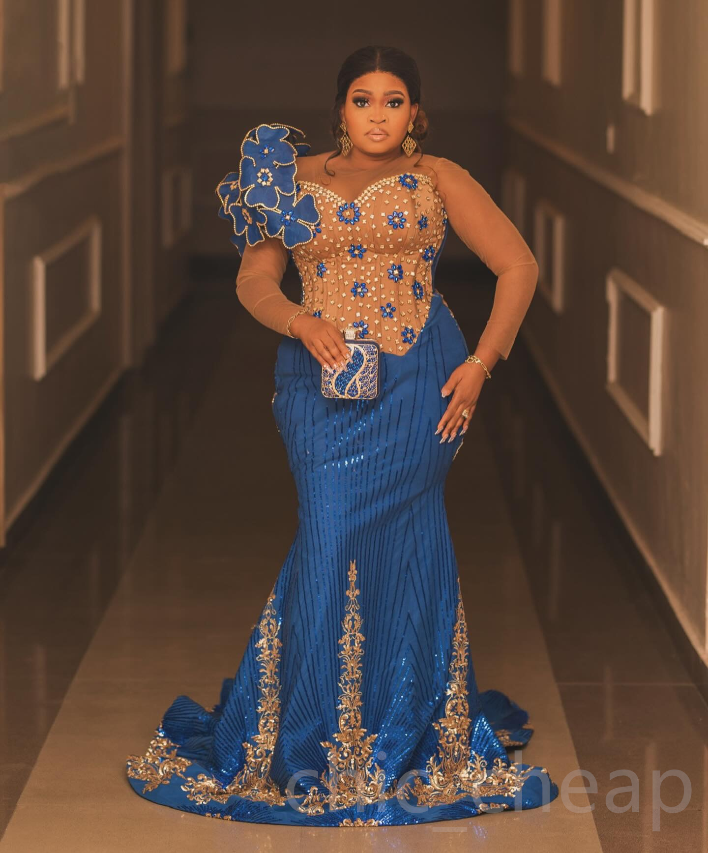 2024 Aso Ebi Plus Size Blue Mermaid Prom Dress Crystals Florals Sexy Evening Formal Party Second Reception 50th Birthday Engagement Thanksgiving Gowns