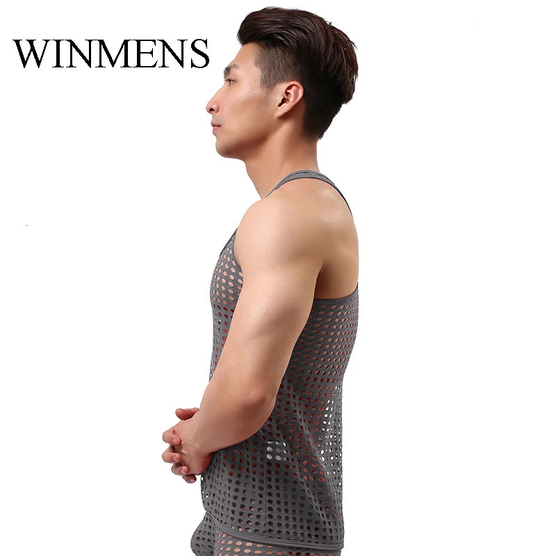 Mens Tank Top Gay Wrestling Singlet Summer See Through Sleeveless Vest Fishnet Hollowed Out Undershirts Sheer TShirt 240601