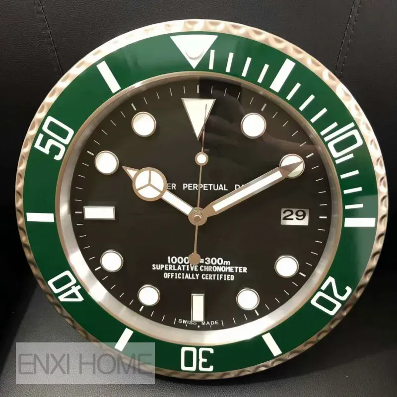 Large Wall Clock with Date Silent Quartz Movement Stainless Steel Green//Black Luminous Hands Modern Design for Living Room Bedroo W250715