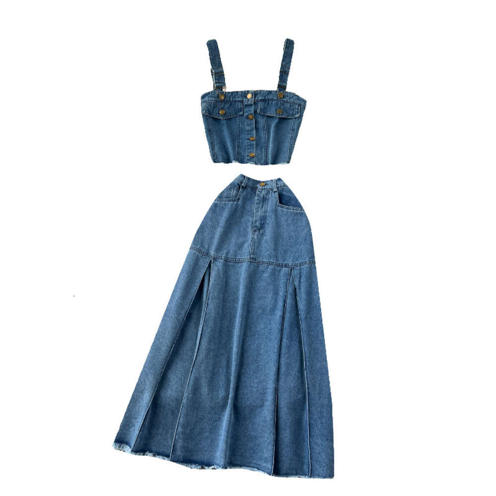 American style denim suit womens spicy girl style short suspender vest versatile high waisted skirt fashionable two-piece set