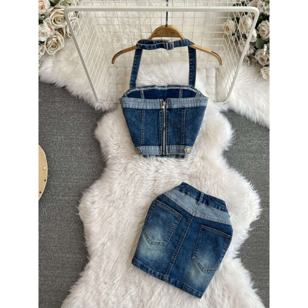 Fashionable set of color blocking spicy girl breasted top two-piece set of high waisted elastic drawstring wrapped buttocks denim skirt