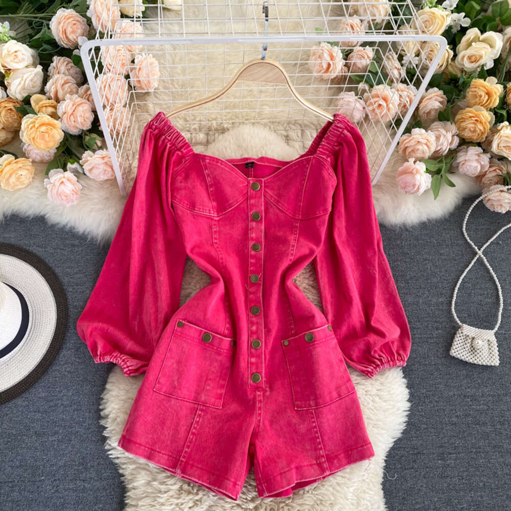 Ins fashionable wear with white rose red jumpsuit autumn single breasted slim short jeans fashion