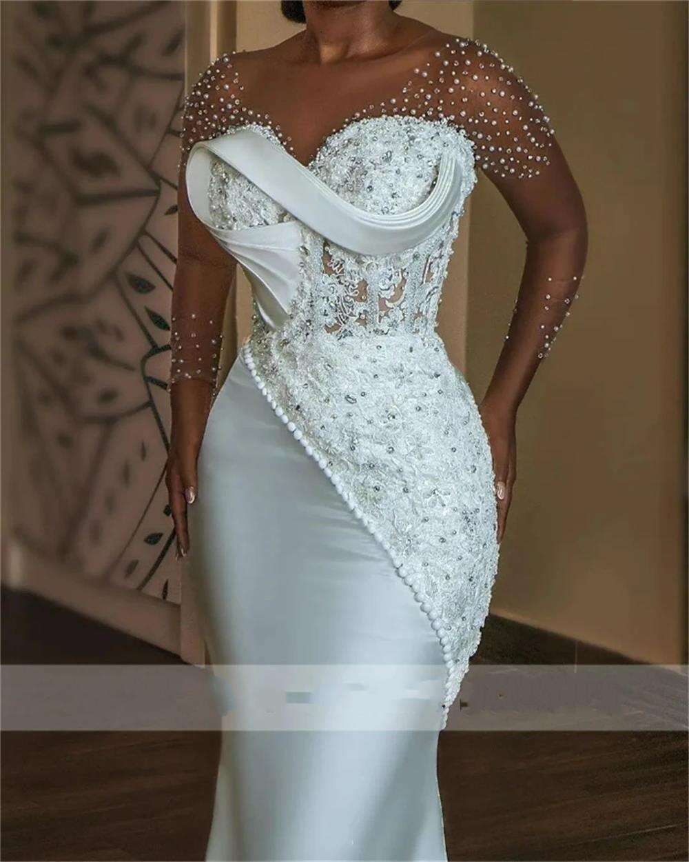 Scoop Neck Appliques Beads Mermaid Wedding Dresses Sweep Train Satin Vestido Noiva Casamento Full Sleeves Bridal Gowns