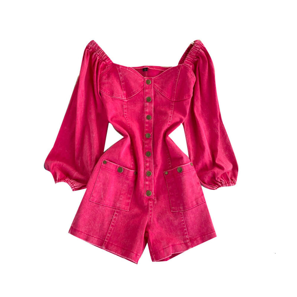 Ins fashionable wear with white rose red jumpsuit autumn single breasted slim short jeans fashion