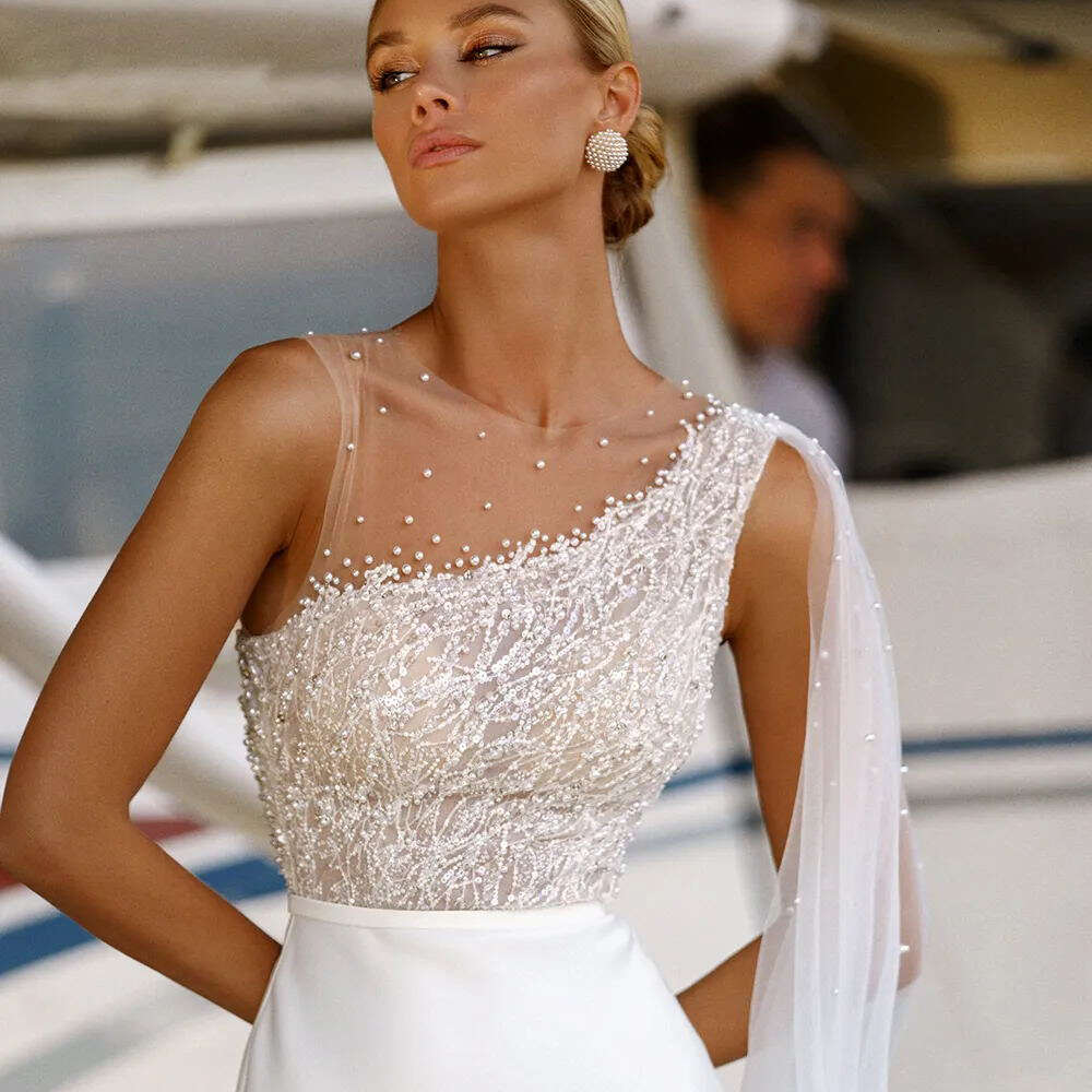 Chiffon Wedding Dresses for Women - Sexy Sleeveless A-e Lace Print Bridal Gowns