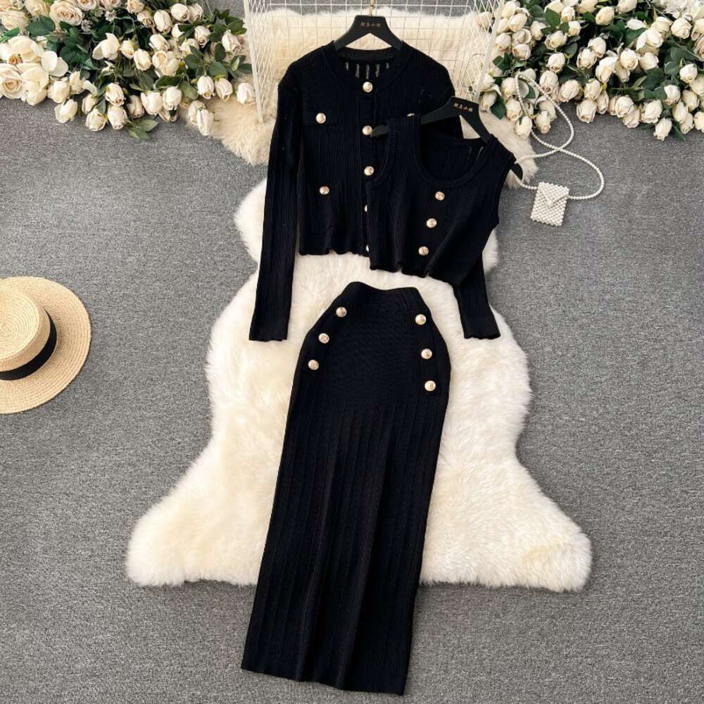 Small Fragrant Wind Set for Early Spring Wearing Short Tank Top Versatile Knitted Cardigan Double breasted Half skirt Temperament Three piece Set