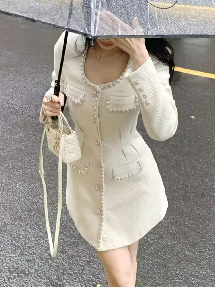HMA Autumn Winter Temperament Celebrity Small Fragrant Wind Tweed Dress Womens White Pearl Diamond Woolen Dress Vestidos 240529
