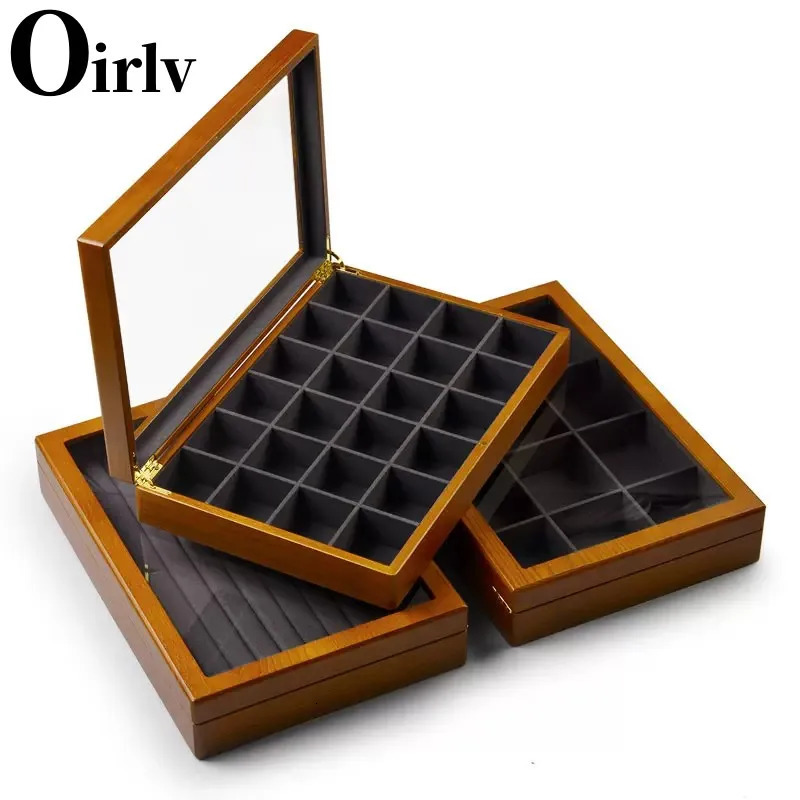 Oirlv Retro Wooden Jewelry Box Ring Necklace Bracelet Display Case Jewelry Case Transparent Jewelry Organizer Case For Women 240528