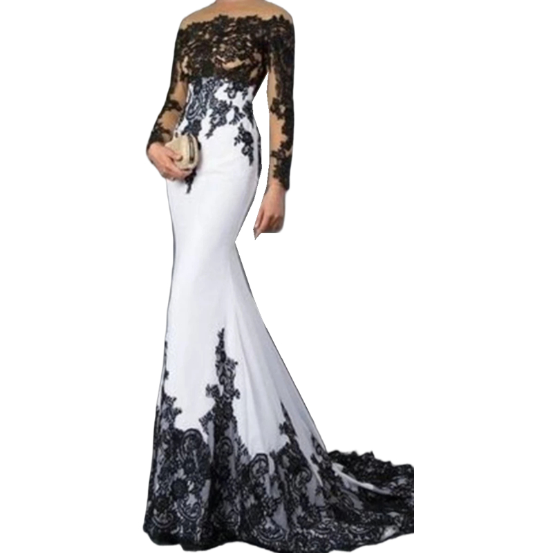 2024 Black Lace Mermaid Wedding Dresses Long Sleeves White Satin Bridal Reception Gowns Illusion Jewel Neck Sexy Gothic Women Formal Dress 2024