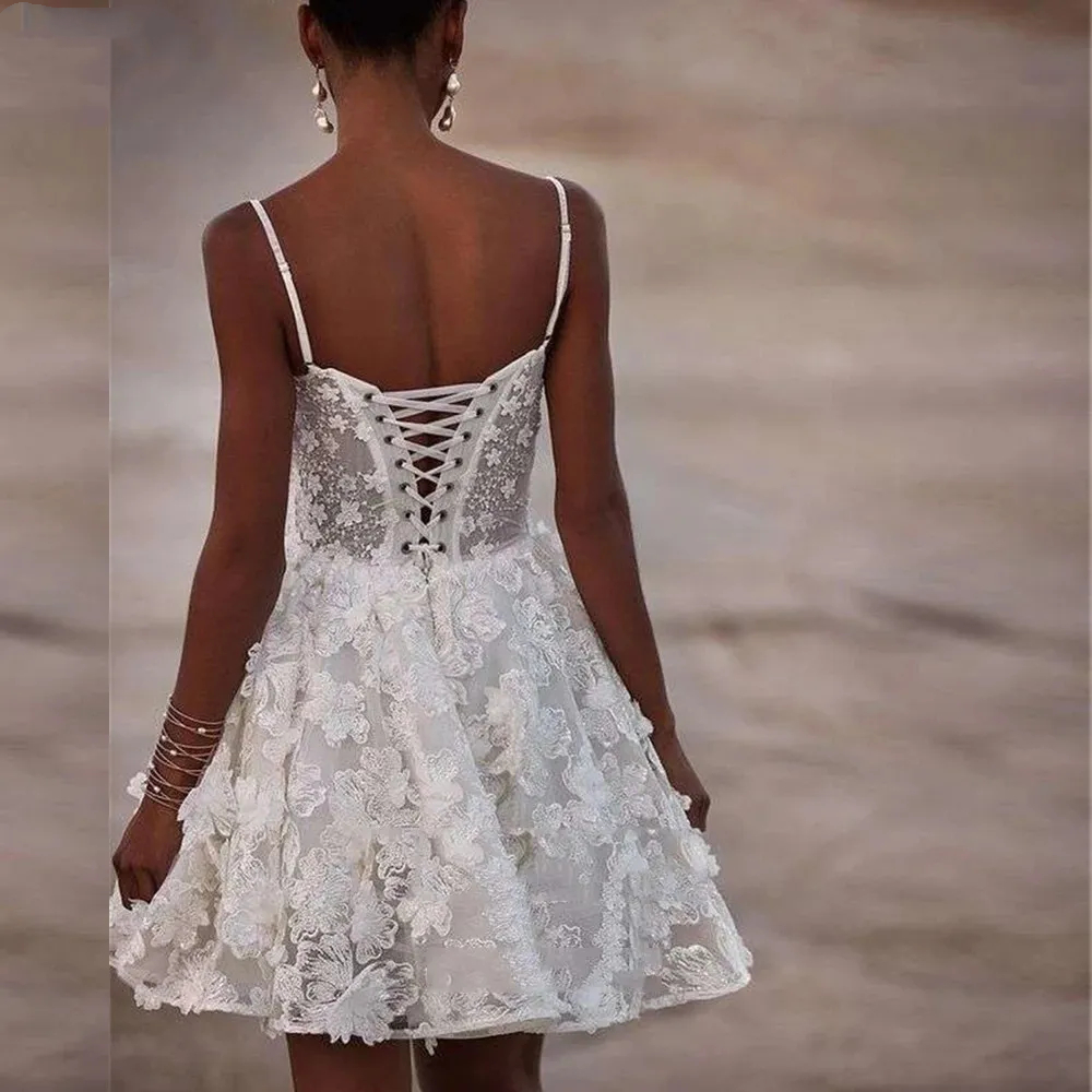 Floral Lace Short A-Line Wedding Dresses Sexy Spaghetti Straps Back Corset Boho Beach Bridal Gowns 2024 Summer Garden Mini Ivory White Robe De Mariee