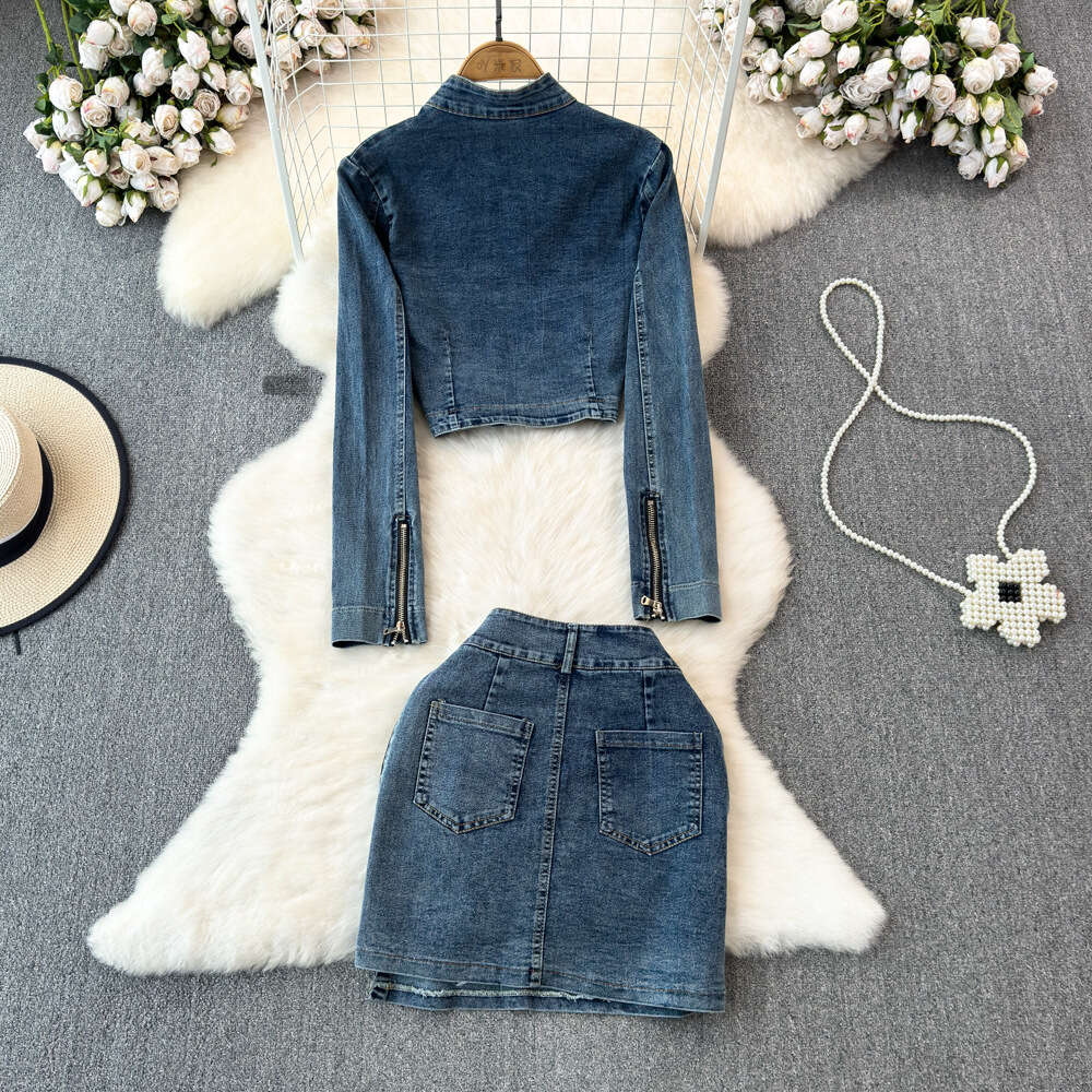Fashion set for women American street stand up collar denim jacket jacket two-piece high waisted slimming wrap buttocks short skirt