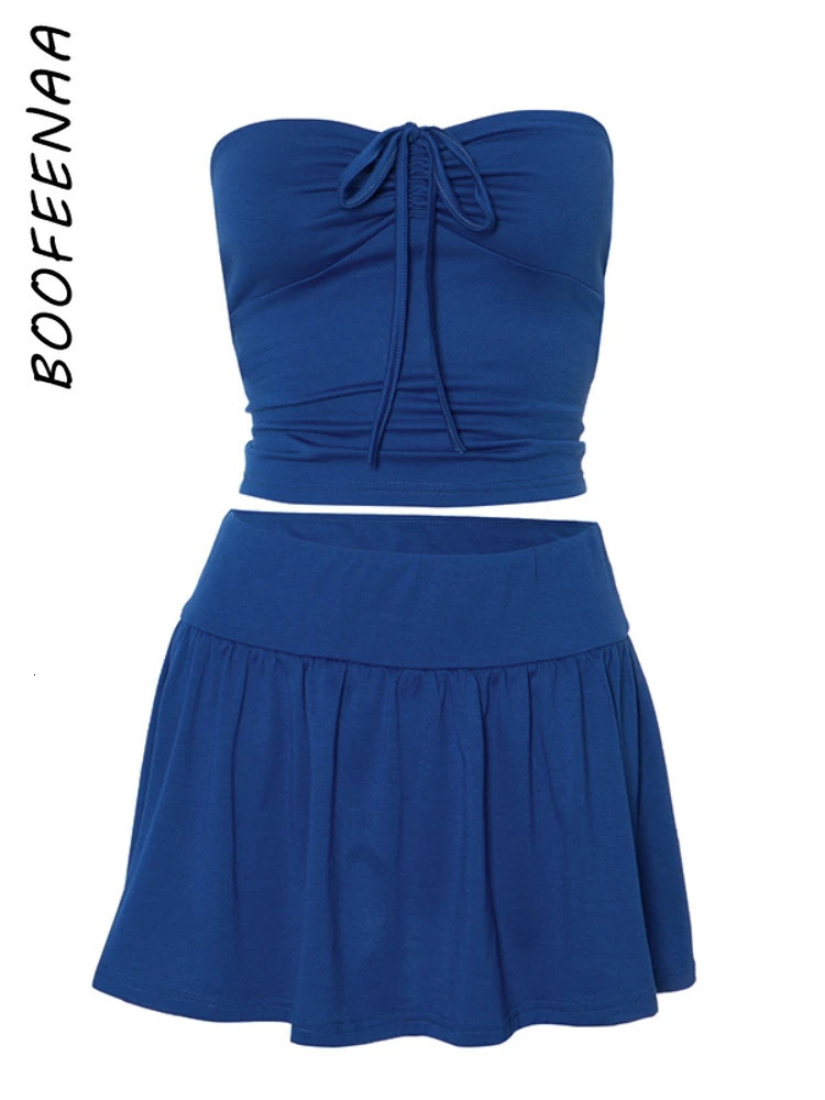 BOOFEENAA Sexy 2 Piece Set Women Summer Vacation Outfits Going Out Dress 2024 Tube Top and Mini Skirt Matching Sets C85CC20 240601