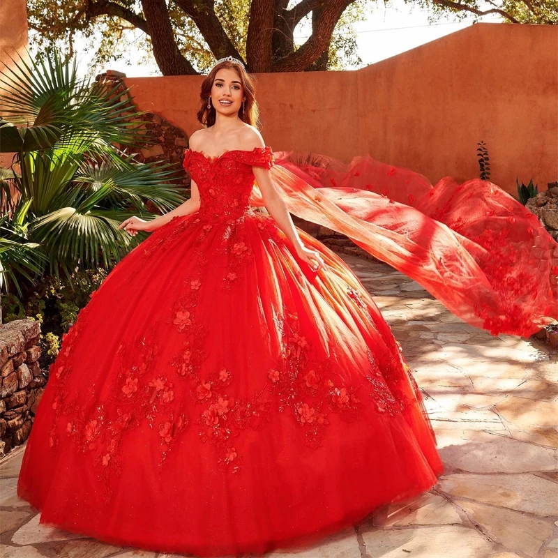 Red Princess Quinceanera Dresses De 15 Anos 3D wer With Cape Birthday Dress Long Ball Vestidos Elegantes Para Mujer