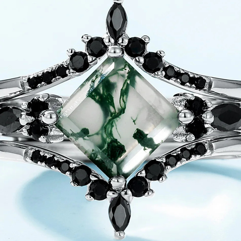 ALLNOEL 925 Sterling Silver Rings For Women Natural Moss Agate Gemstones Black Zircon Bridal Sets Personality Gifts Jewelry 240601