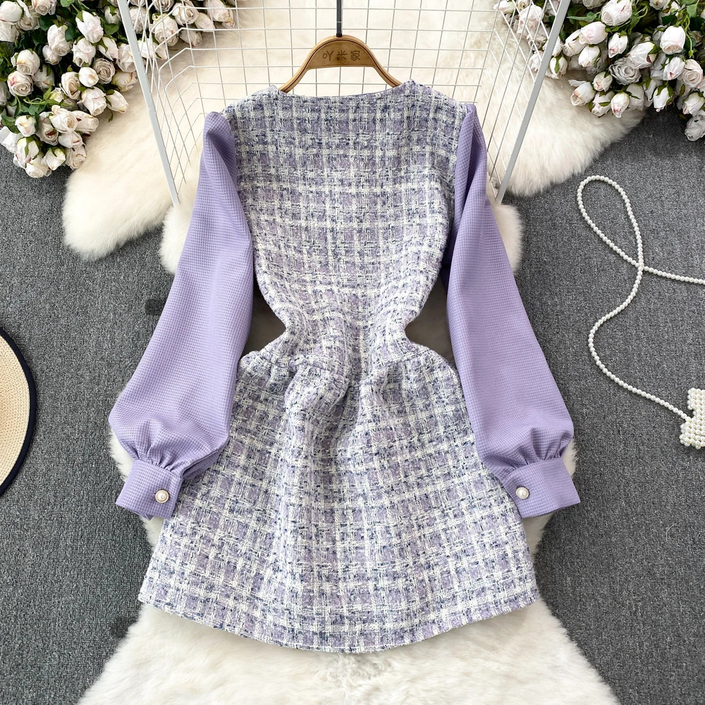 False Two Pieces Dresses for Women Peter Pan Collar Plaid Patchwork Long Sleeve Tweed Vestidos Autumn Female Dress Drop 240529