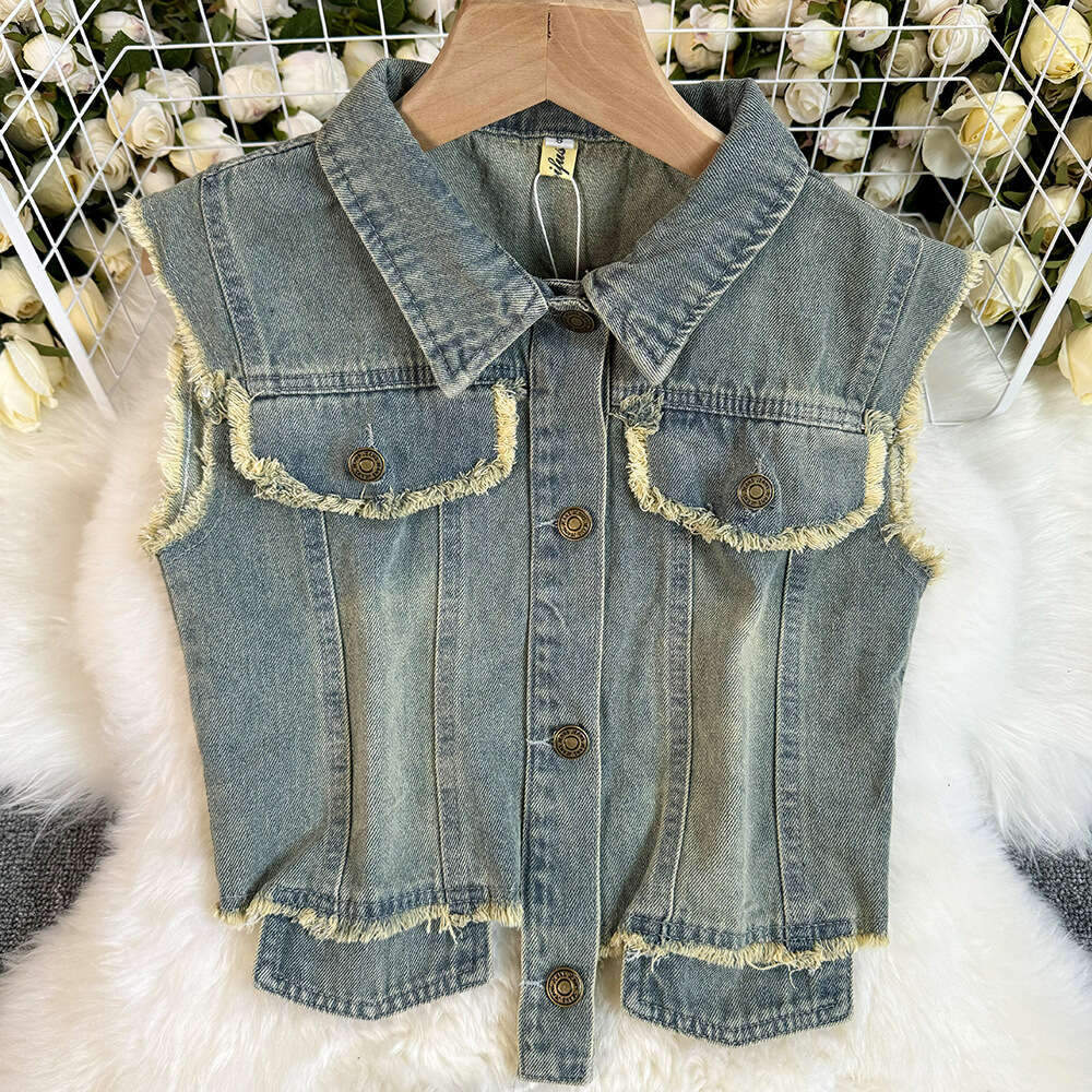 American niche short denim vest+hip wrap straight leg skirt medium length denim two-piece set for women