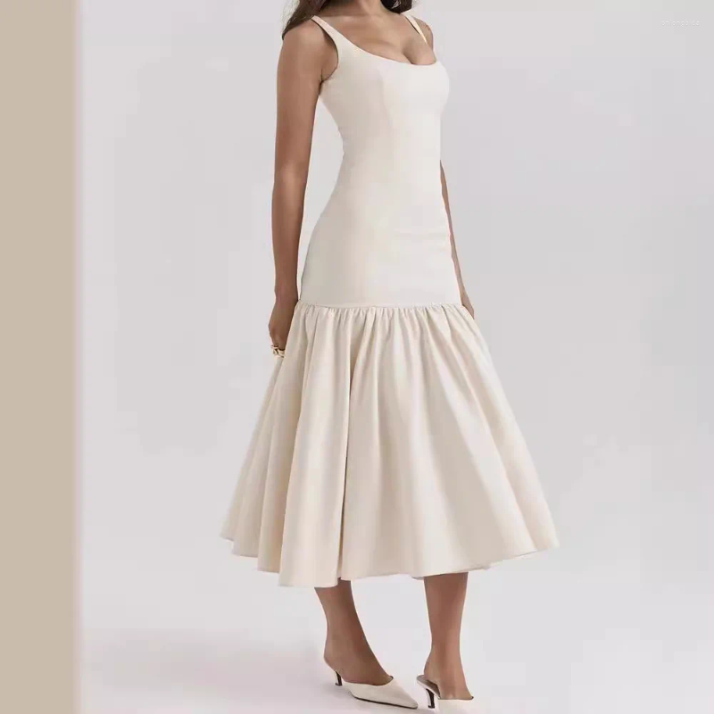 Casual Dresses Summer Sleeveless Evening Long Dress Elegant Solid Sling Pleated Ruffles Hem Maxi Chic Lady Party Robes