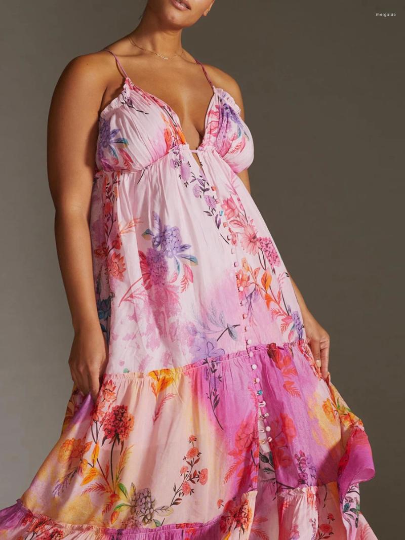 Casual Dresses Women Y2k Floral Print Spaghetti Strap Maxi Dress V Neck Sleeveless Long Boho Flowy Swing